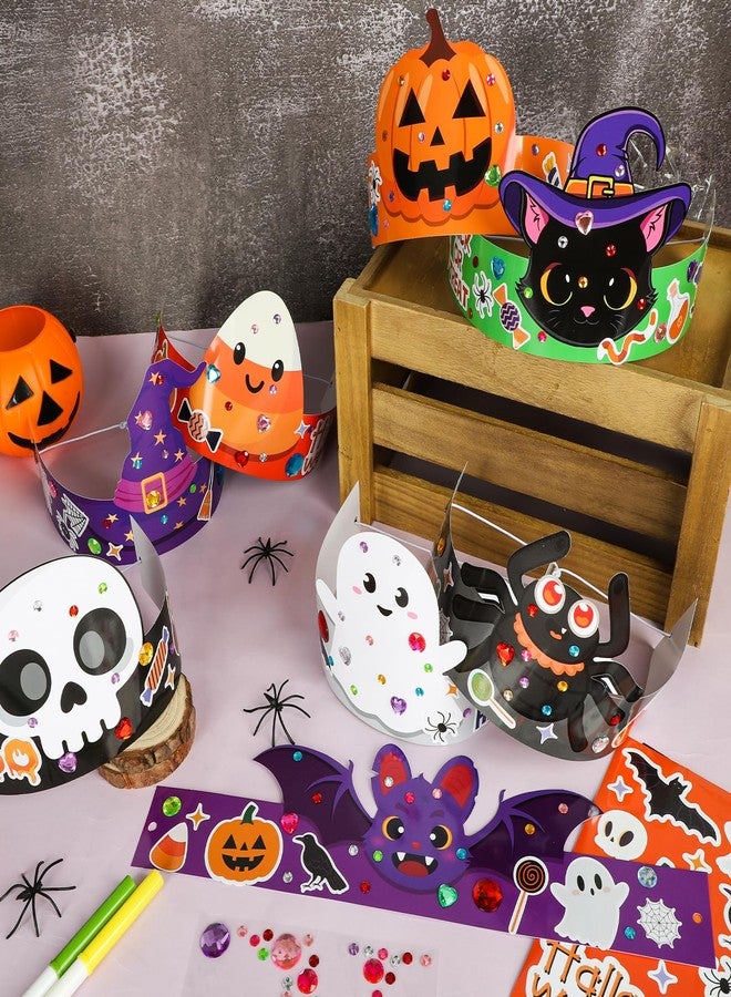 Sealmic 24 Set Halloween Crown Headband Paper Adjustable Hats with Elastic Bands with Themed Stickers Activities Party Favors Pumpkin Ghost Bat - Image 4